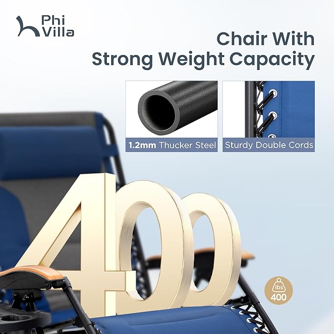 PHI VILLA XXL Oversized Padded Zero Gravity Chair Foldable Patio Recliner 30 Wide Seat Anti Gravity Lounger with Cup Holder Support 400 LBS (Thumb Blue)