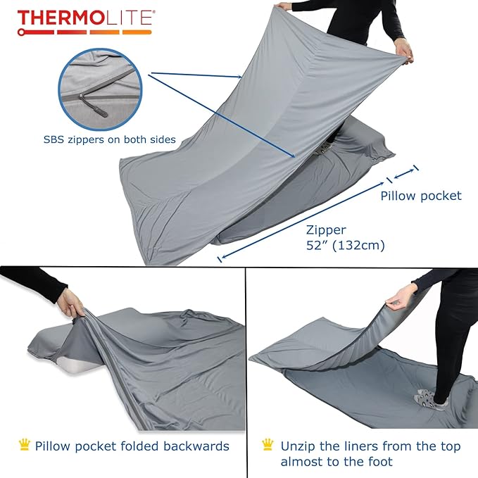 BROWINT Thermolite Sleeping Bag Liner with Zippers for Cold Weather Lightweight Mummy with Hood &amp Rectangular Sleep Sack for Adult Adds Warmth Thermal Travel Liner All Season