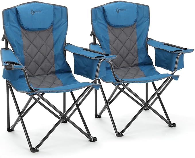ARROWHEAD OUTDOOR 2-Pack Portable Deluxe Folding Camp Quad Chair w/Headrest Glass &amp Cup Holders Armest 6-can Cooler Heavy Duty Carry Bag 550 lbs Weight Capacity