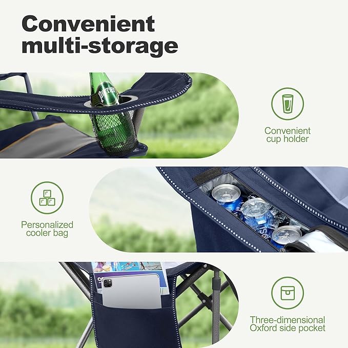 LET'S CAMP Folding Camping Chair Oversized Heavy Duty Padded Outdoor Chair with Cup Holder Storage and Cooler Bag 450 LBS Weight Capacity Thicken 600D Oxford2 Pack