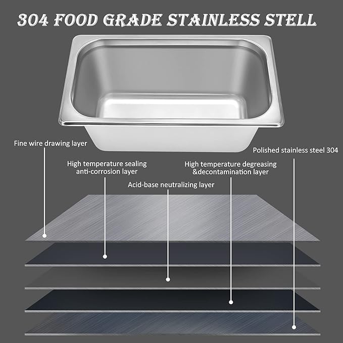4 Packs Stainless steam Hotel pan1/3 Size x 6 Deep22 Gauge/0.7mm Thick Stainless Steel Hotel Pan Anti Jam Steam Table Pan with Lid (1/3 Size x 6 Deep)