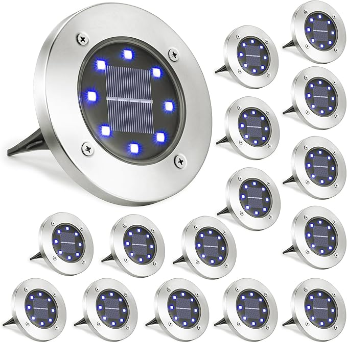 LYHOPE Solar Ground Lights Outdoor 16 Pack 8 LED Solar Disk Lights Waterproof Garden In-ground Pathway Lights Landscape Lighting for LawnYardDeckPatioWalkway (Blue)