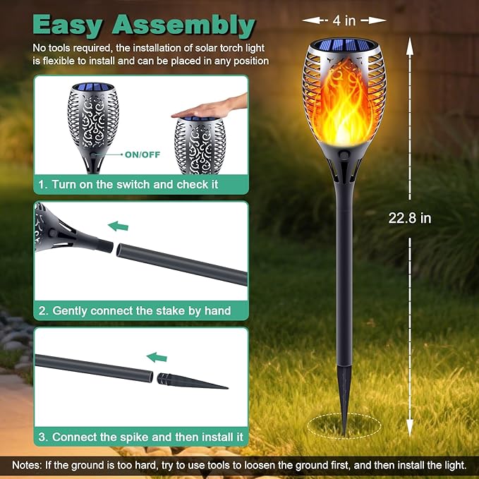 Solar Torch Lights with Flickering Flame Fire Effect Garden Light Auto On/Off Dust to Dawn Outdoor Waterproof Landscape Decoration Powered Security Light for Patio 8 Pack
