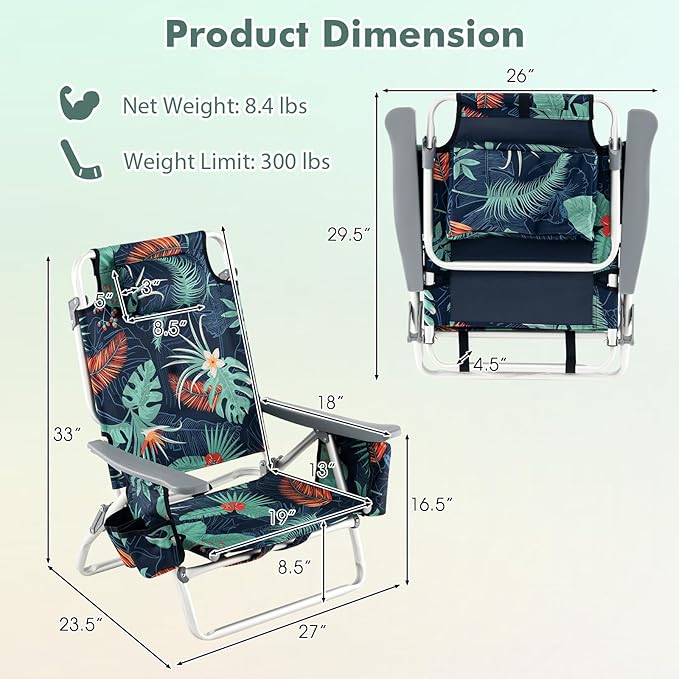Backpack Beach Chair 5 Position Adjustable Camping Chairs with Head Pillow Cooler Bag Towel Bar Cup Holders Portable 2-Pack Folding Beach Chairs for Adults (Without Table Floral Pattern)