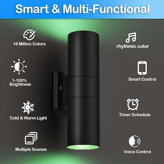 wowlite RGB Up and Down Lights Outdoor Wall Sconce 4 Pack Smart Color Changing Porch Lights Outdoor Wall Sconce Light WiFi Voice &amp App Control Tunable White Exterior Lights for House Porch Garag