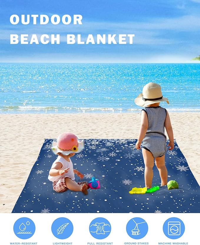 Beach Blanket Waterproof Sandproof Merry Christmas Winter Snowflakes Seamless Quick Drying Beach Mat with 4 Stakes White Snowflake Blue Back Lightweight Picnic Blanket for Travel Camping 118x108