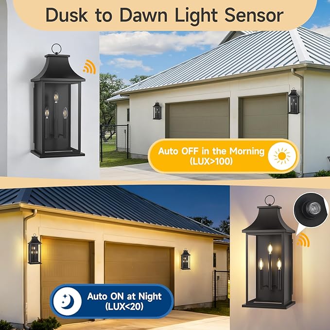Extra Large Outdoor Wall Lights Dusk to Dawn Sensor Outside Lights Exterior Lighting Fixtures Wall Mount Wall Sconce Light Outdoor Lanterns for Porch Black 28 3-Light 1-Pack