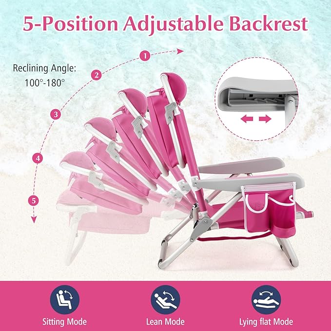 Goplus Beach Chair 2 Pack 330lbs Folding Backpack Chairs for Adults with 5 Positions Storage Pockets Towel Bar &amp Headrest Foldable Low Beach Lounge Portable Aluminum Lay Flat Camping Chair