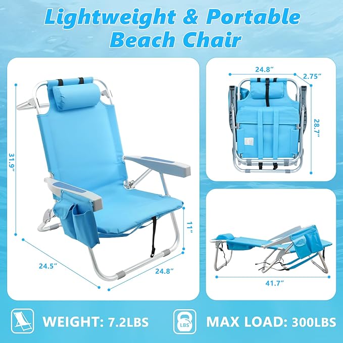 2 Pack Backpack Beach Chairs for Adults Heavy Duty Compact Portable Lay Flat Folding Chair with Backpack Straps and Pocket 5 Positions Aluminum Reclining Chair for Patio OutdoorSupport to 300LBS