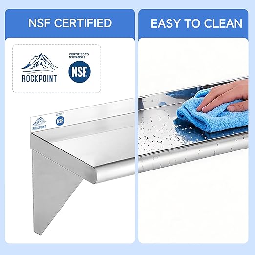 ROCKPOINT Stainless Steel Shelf 10 x 24 Inches 210lb 2 Pack NSF Metal Commercial Shelves Wall Mount Floating Shelving with Backsplash for Restaurant Kitchen Home and Hotel Silver