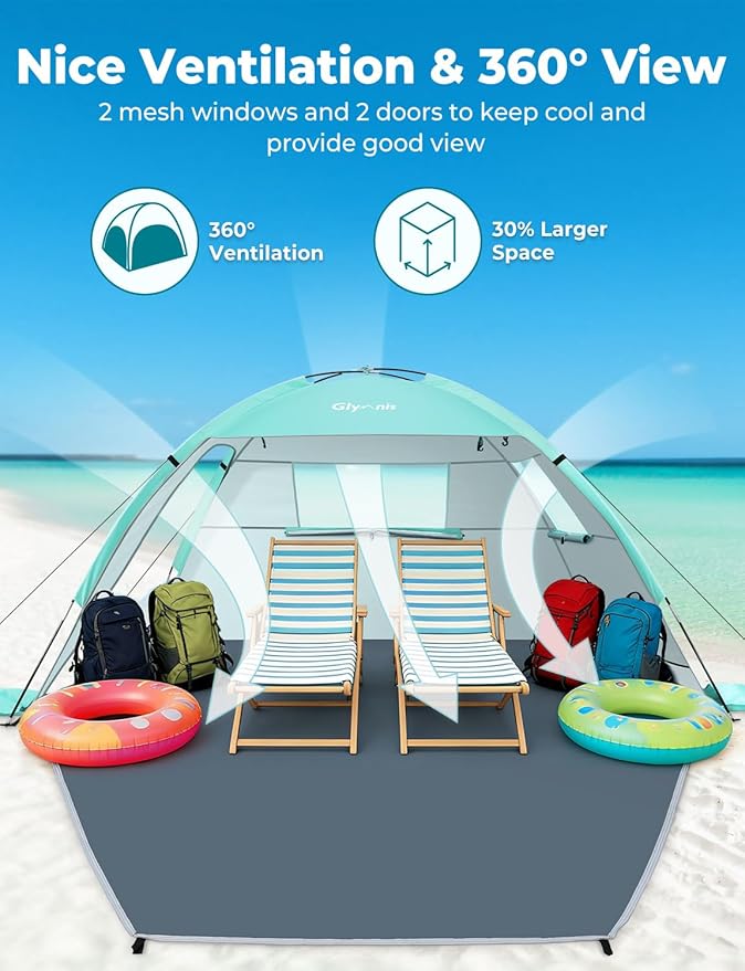 Glymnis Beach Tent Sun Shelter for 4 Person with UPF 50+ UV Protection Lightweight &amp Easy Setup Beach Shade Canopy with Vent Windows &amp Zippered Door - Green