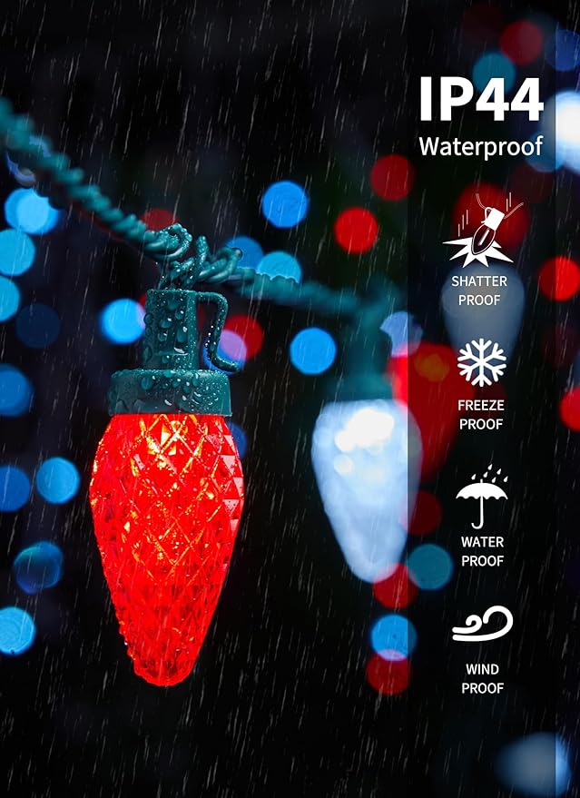 C9 LED Christmas Lights Outdoor 81 Feet 100 LED String Lights with Timer &amp 8 Light Mode Waterproof Commercial Grade Christmas Tree Lights for Outside Indoor Roofline Patio Decor Red &amp Pure