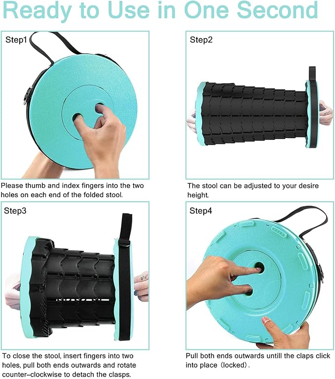 LB Portable Collapsible Retractable Folding Stool Lightweight Telescoping Foldable Camping Stool for Adults for Outdoor Fishing Hiking Gardening Travel BBQ Hunting Indoor Activities (Teal Black)