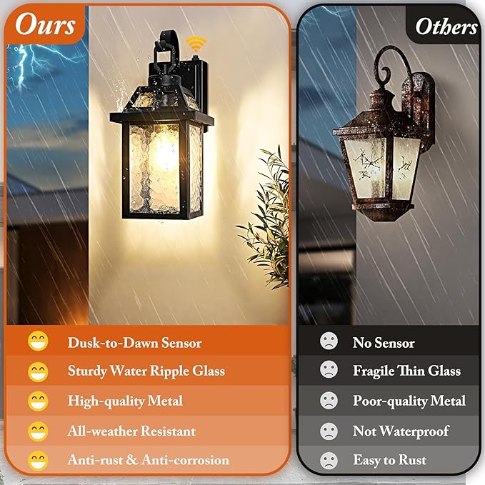 BesLowe Dusk to Dawn Outdoor Wall Lights Exterior Lighting Fixtures Wall Mount Porch Lights Outdoor Wall Sconces with Water Ripple Glass Outside Lights for House Front Door Garage 2-Pack