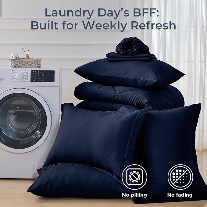 HEVUMYI Navy Blue Cali-King Comforter Set - 7-Piece All Season Bed in a Bag Cali-King Ultra Soft Bedding Set with Comforter Flat Sheet Fitted Sheet Pillowcases Pillow Shams Navy Blue