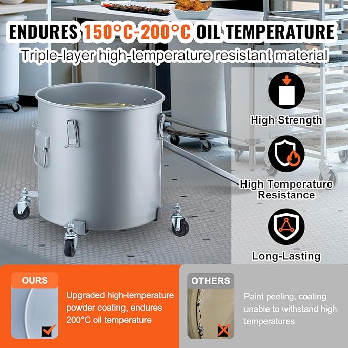 VEVOR 10 Gallon Fryer Grease Bucket Oil Disposal Bucket Caddy on Wheels Rust-proof Coated Carbon Steel Fryer Oil Transport Container with Filter Bag Lid &amp Lock Clips for Cooking Oil Filtering