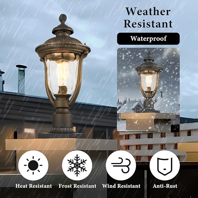 Outdoor Post Lights Modern Exterior Lamp Posts Light Fixtures Waterproof and Anti-Rust Aluminum Outside Pole Latern for Porch Patio Garden Water Ripple Glass Lamp Shade Black Finish