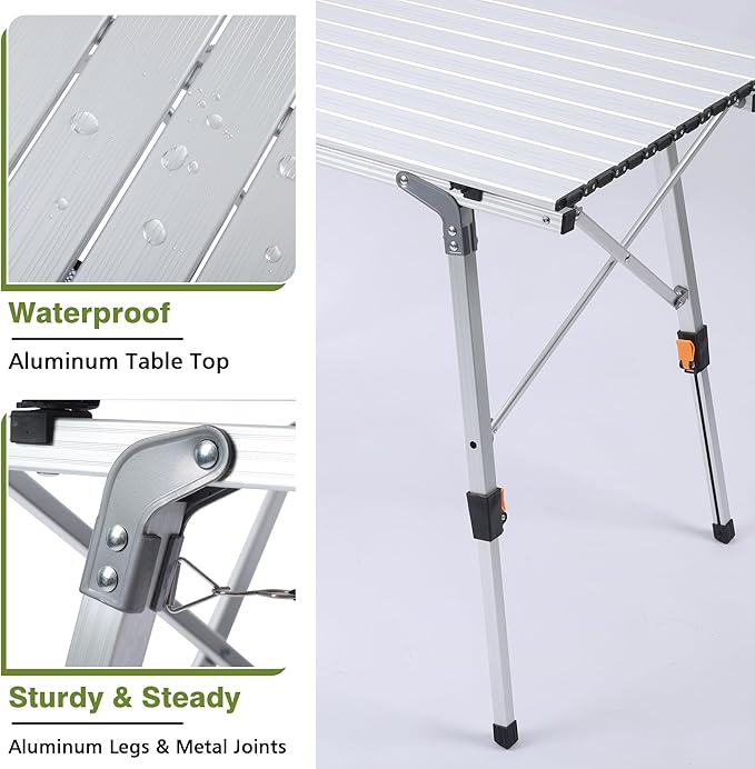 Folding Outdoor Camping Table with Adjustable Legs Lightweight Aluminum Roll Up Camp Table with Carrying Bag Mesh Storage Organizer for Cooking Picnic Beach Backyards BBQ Party