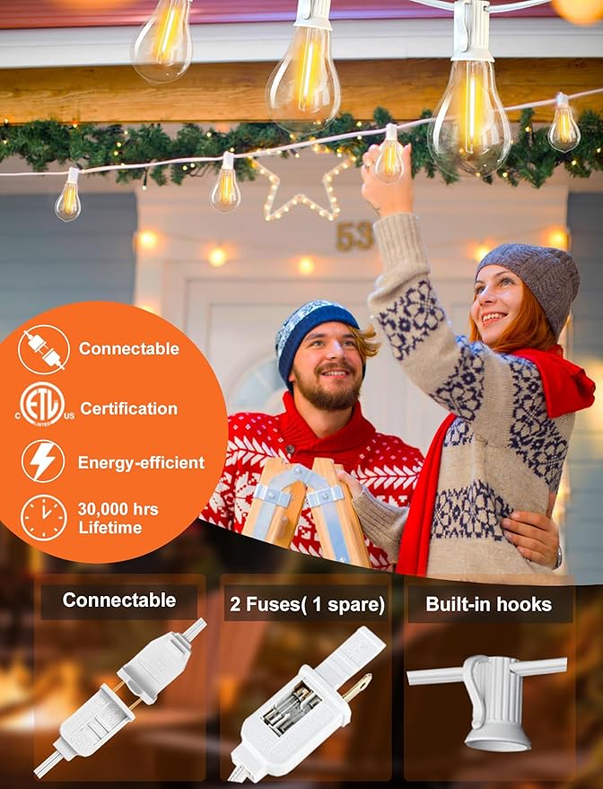 DAMAING Outdoor String Lights 200FT(2x100FT) Waterproof Patio Lights with 105 Plastic Dimmable LED Edison BulbsConnectable Outdoor Lighting for BackyardGarden and Wedding Outside 2200K White Cord