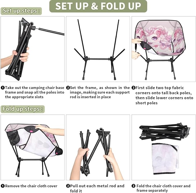 Portable Camping Chair Cartoon Unicorn Ultralight Folding Camping Chair Pink Flowers Backpacking Hiking Chair with Cup Holder for Outdoor Travel Beach Picnic Festival 176 lbs Capacity