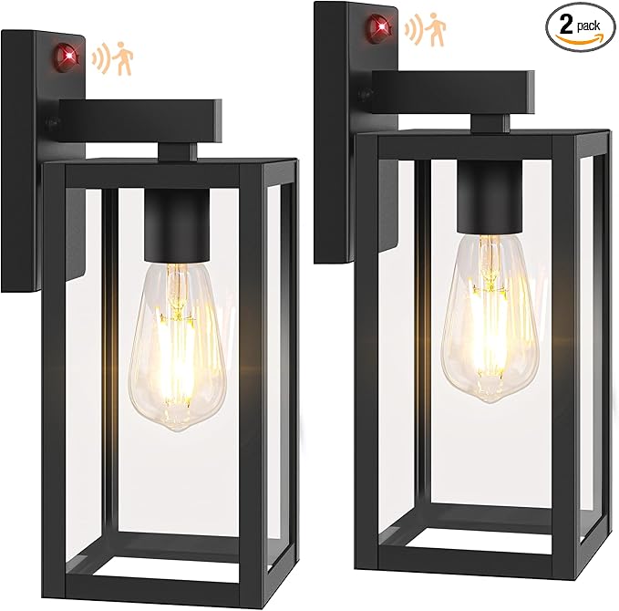 BesLowe 13 Upgraded Motion Sensor Outdoor Wall Lights 2-Pack Dusk to Dawn Porch Light Outdoor Wall Sconce Lanterns 3 Lighting Modes Exterior Lighting Fixtures Black Outside Lights for House Garage