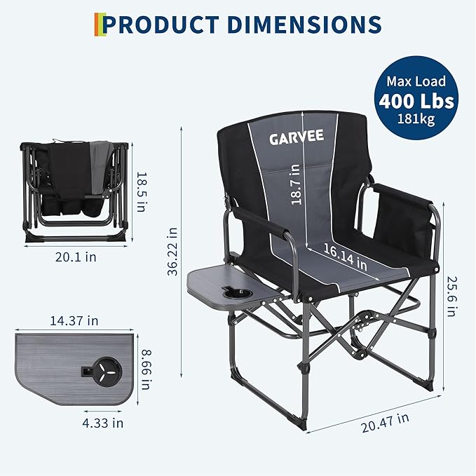 GarveeLife Oversized Directors Camping Chair Portable Folding Chair for Adults Support 400 lbs Heavy Duty Lawn Chair with Side Table for Camping Sports Picnic Beach Fishing (1 PCS Black)