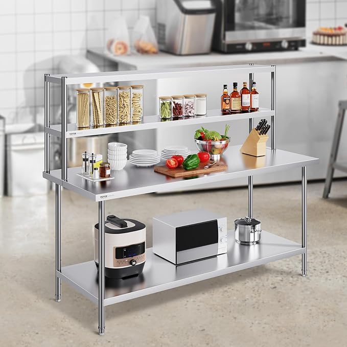 VEVOR Double Tier Stainless Steel Overshelf 12 x 72 Inch Double Deck Height Adjustable Prep Work Table for Kitchen Restaurant and Workshop