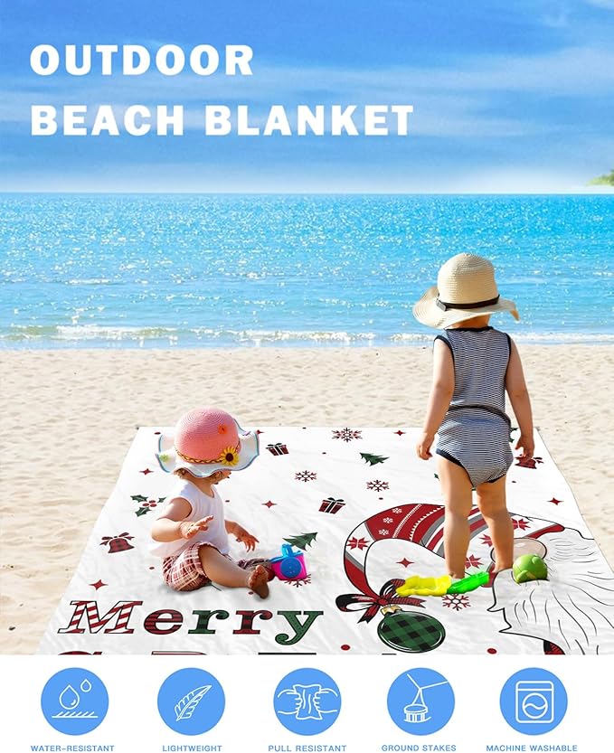 Beach Blanket Waterproof Sandproof Christmas Gnome Winter Snowflakes Quick Drying Beach Mat with 4 Stakes Holly Berries Bell White Back Lightweight Picnic Blanket for Travel Camping 108x84
