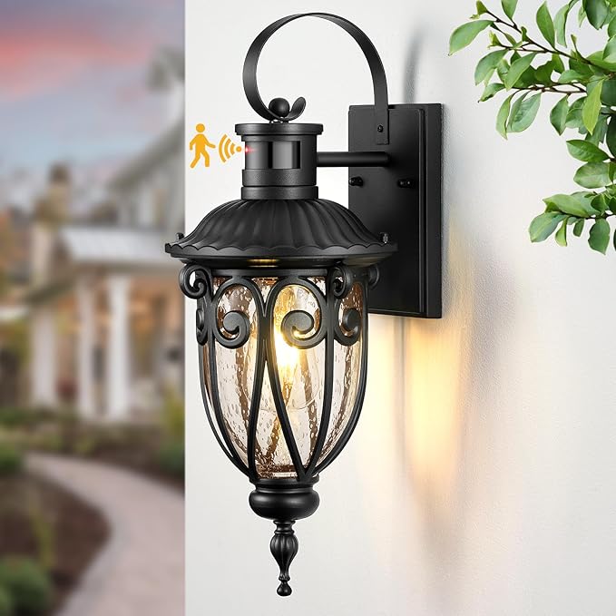 VIANIS Motion Sensor Outdoor Lights Black Motion Lights for Outside Dusk to Dawn Outdoor Light Fixtures with Seed Glass 100% Aluminum Exterior Lighting Fixtures with House Garage Porch Doorway