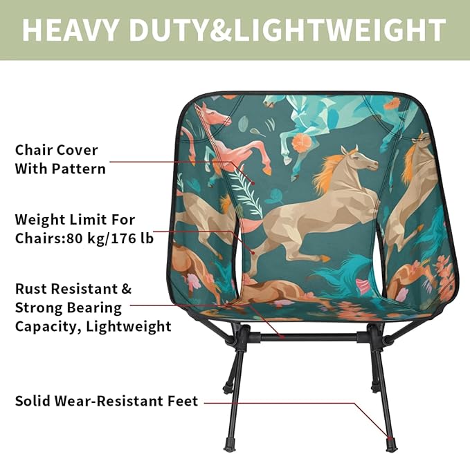 Honeybaby Folding Camping Chair Horses Flowers Print Camping Chairs Lightweight Portable Chair Outdoor Foldable Chairs for Camping Travel Picnic Beach Hiking