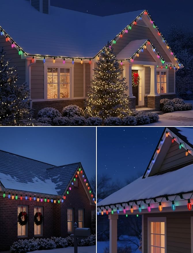 C9 LED Christmas Lights Outdoor25FT Multicolored Christmas Lights with 26 Colorful Clear Multicolor LED BulbsConnectable Old Fashioned Xmas light for Garden Patio Xmas Tree Party Home Decor