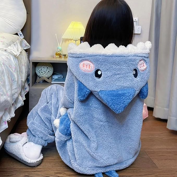 Warm one-piece blanket pajamas in autumn and winter cute shark capybara robe hooded coral velvet padded velvet home clothes.