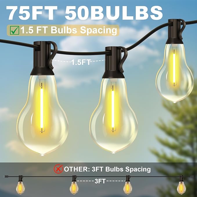 75FT Outdoor String Lights Waterproof with 50+4 Bulbs (1.5FT Bulbs Spacing) Remote &amp Dimmer Commercial Patio String Lights with 3 Mode Light &amp Timing 100PC Mounting Ties for Outside