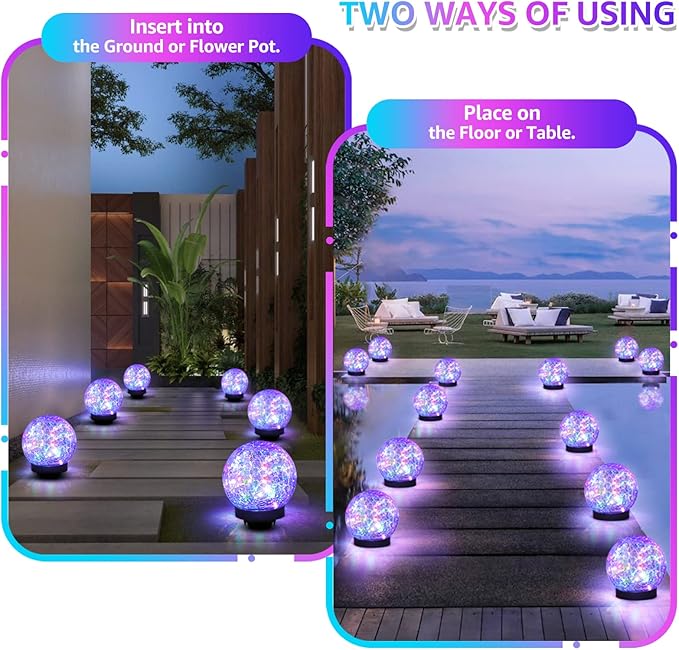 2-Pack Garden Solar Lights Outdoor Colored Cracked Glass Ball Light Waterproof Decorative Solar Powered Globe Lighting Multicolor for Yard