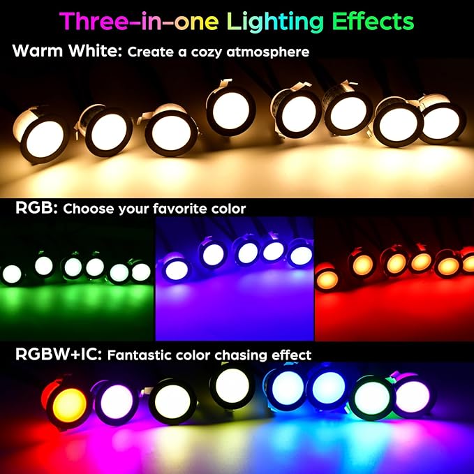 Recessed Step Lights RGBW+IC Led Lights Outdoor Waterproof IP67 1.22 Deck Lighting Wi-Fi Deck Stair Light DC12V Low Voltage Music Sync 20 Pack
