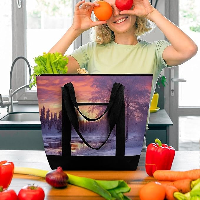 Insulated Shopping BagLarge Reusable Cooler Bags Winter Landscape Printed Foldable Shopping BagTravel Waterproof Shoulder Bag