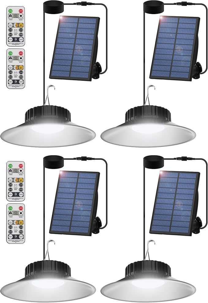 T-SUN Solar Pendant Light Outdoor 4 Pack Solar Shed Lights Indoor with Remote Control IP65 Waterproof Shop Light 3000K/4000K/6000K Perfect for Barn Chicken Coop Garage Courtyard Balcony