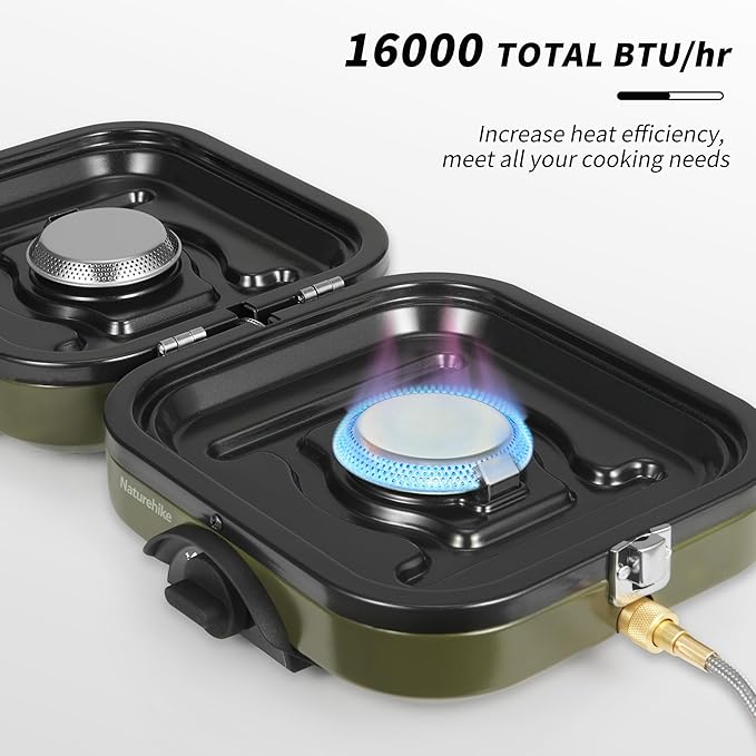 Naturehike 2 Burner Folding Camping Stove with Griddle Portable Camp Isobutane Gas Stove with 16000 BTU Adjustable Burners &amp Piezo Ignition
