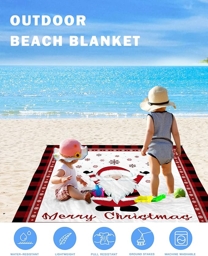 Beach Blanket Waterproof Sandproof Merry Christmas Cute Santa Winter Snowflake Quick Drying Beach Mat with 4 Stakes Red Hat Buffalo Check Lightweight Picnic Blanket for Travel Camping 118x108