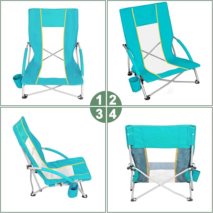 Romswi Low Beach Chairs for Adults 2 Pack Lightweight Folding Sand Chairs with Breathable Mesh Back &amp Cup Holder Portable Compact Camping Chairs 400lbs CapacityGreen