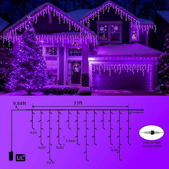 YEGUO 33ft 400 LED Purple Icicle Christmas Lights Outdoor Waterproof 80 Drops Icicle Light Connectable 8 Modes Christmas Lights Indoor with Memory Timer