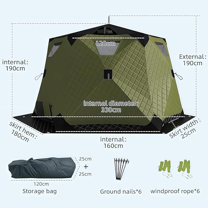 Instant Pop-Up Ice Fishing Tent Insulated 420D Hexagon Shelter for 5-6 People Portable Ice Shanty with Stove Jack &amp Dark Green Camo Ideal for Ice Fishing &amp Winter Camping
