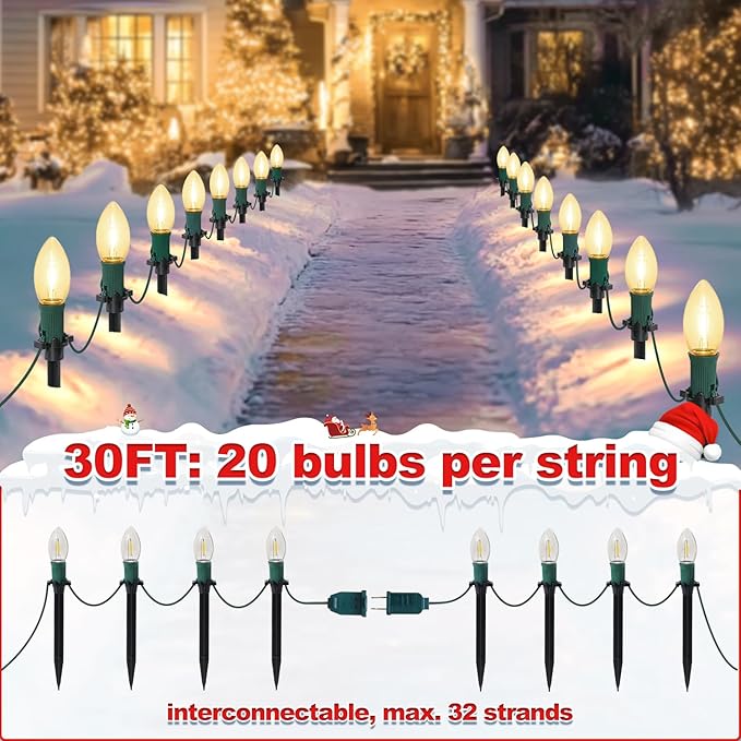USOKYO 30Ft C9 Led 20 Bulbs Christmas Pathway Lights Outdoor Warm White Led Bulbs Waterproof Connectable Christmas Walkway Lights with Stakes for Yard Lawn Sidewalk Driveway Christmas Decorations