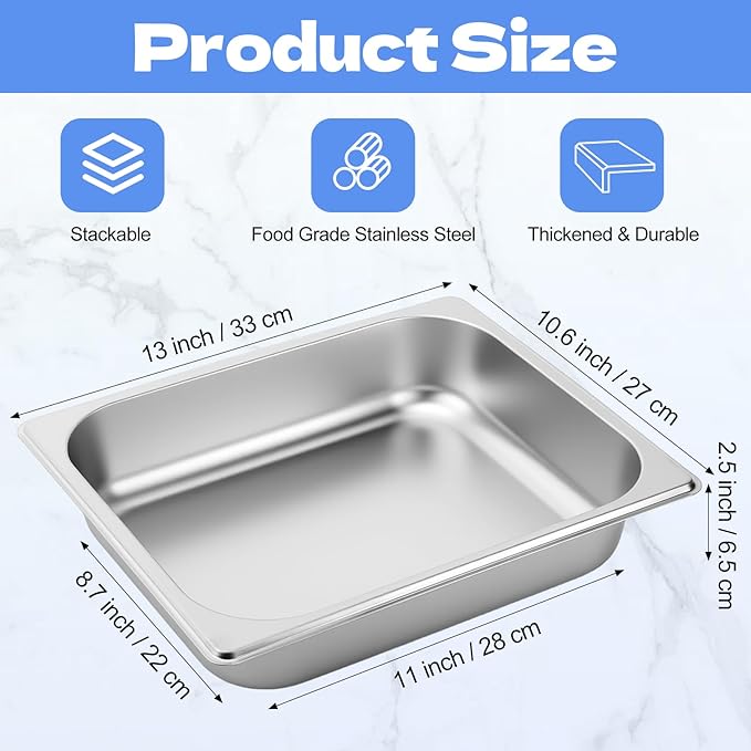 4 Pack Hotel Pans 1/2 Size 2.5 Inch Deep Stainless Steel Steam Table Pan Half Size Catering Food Pans Catering Food Storage Metal Pan for Home Party Hotel Buffet Restaurant