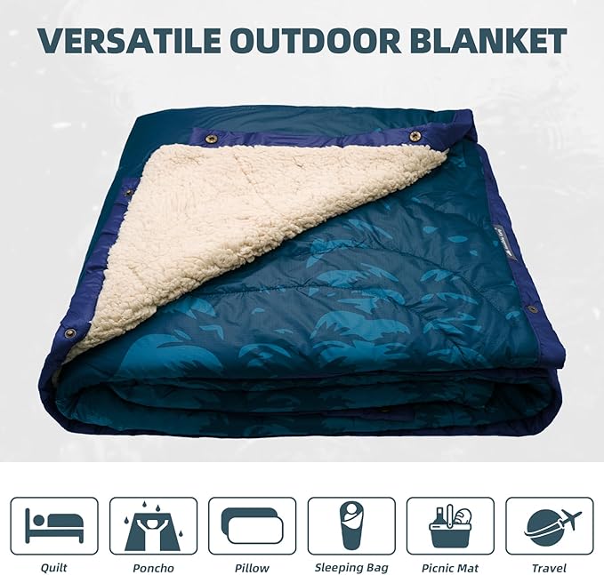 Outdoor Camping Blanket - Puffy Camping Blanket PackableSherpa Fleece Warm Blanket for Camping Outdoors Travel Stadium Festivals Beach Hammock 56x 78 Machine Washable DWR Lightweight