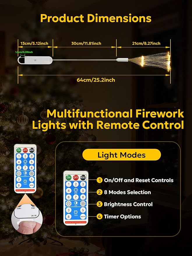 FOOING 8 Pack Firework Lights LED Hanging Christmas Lights 8 Modes USB Rechargeable Battery Operated Fairy Light with Remote Twinkle Star String Lights for Party Christmas Decoration Outdoor Indoor