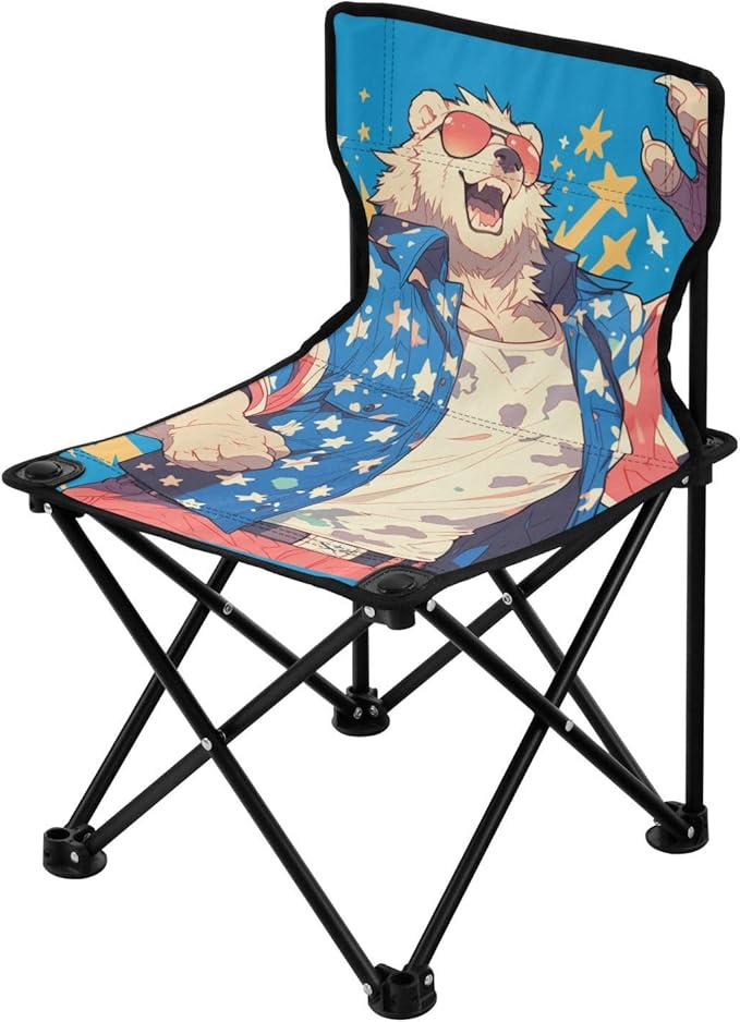 KLL Cartoon Cool Spectacled Bear Patriotic Color Collapsible Foldable Chairs Indoor Ultralight Beach Chair Backpack Includes Carry Bag Hiking Chair for Outside Lawn