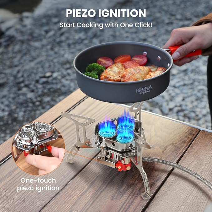 Portable Propane Camping Stove for Outdoor - GEEKHOM 6800W Windproof Gas Stove with Piezo Ignition 2-Fuel Butane Propane Backpacking Stove for Hiking &amp Picnics Tripod Base &amp Adapter