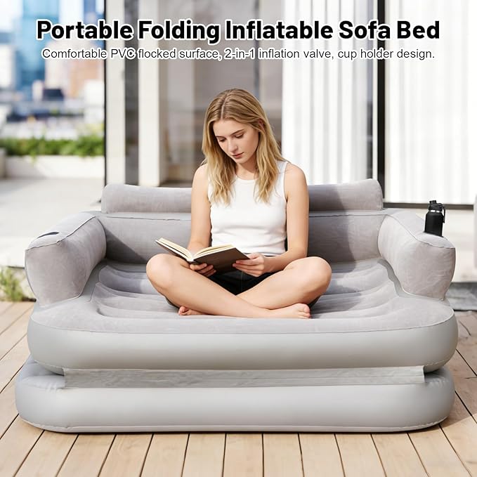 Full Size Inflatable Sofa Bed with Air Pump2-in-1 Blow-Up Couch and Folding Air Mattress Bed for HomeCampingand Guests