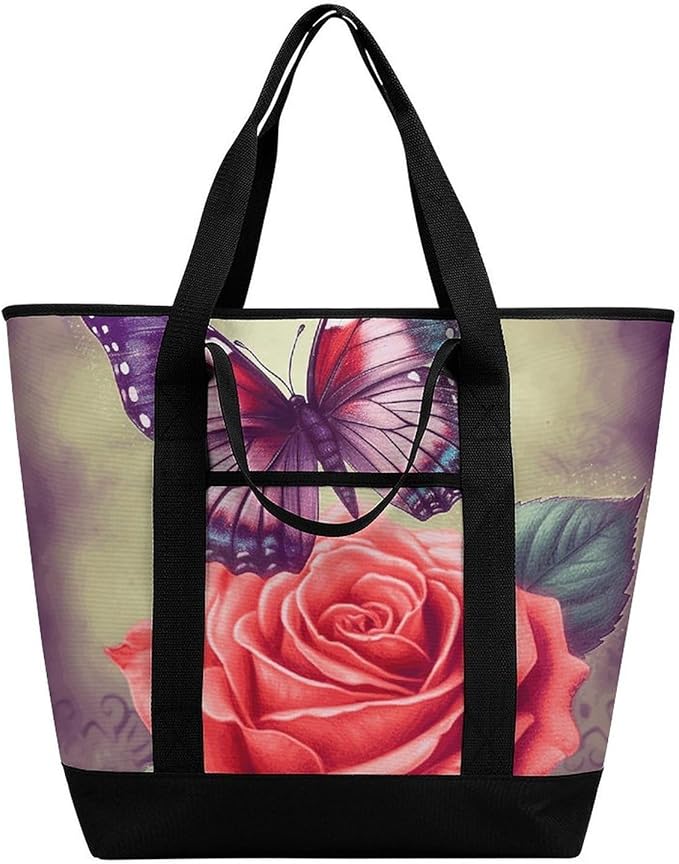 Insulated Shopping BagLarge Reusable Cooler Bags Butterfly And Rose Printed Foldable Shopping BagTravel Waterproof Shoulder Bag